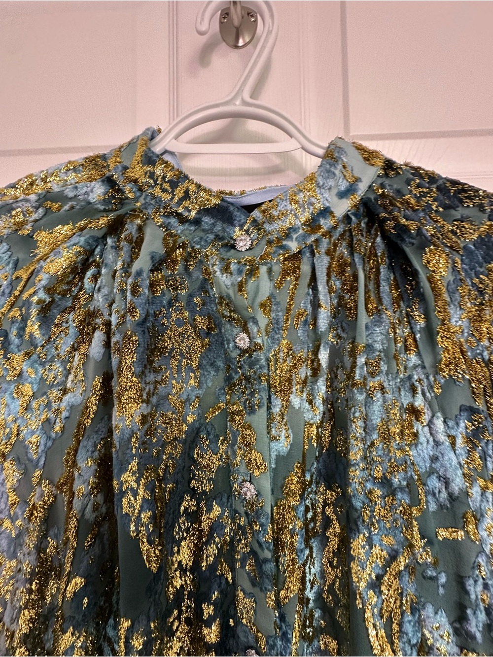 Blue and Gold Metallic Long Sleeve Midi Dress - Velvet Floral - Picture 7 of 12